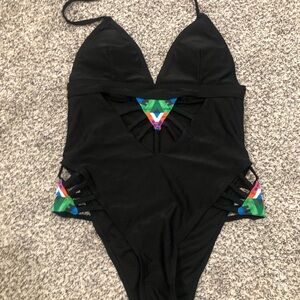 Black One-Piece Swimsuit with Colorful Accents and cutouts